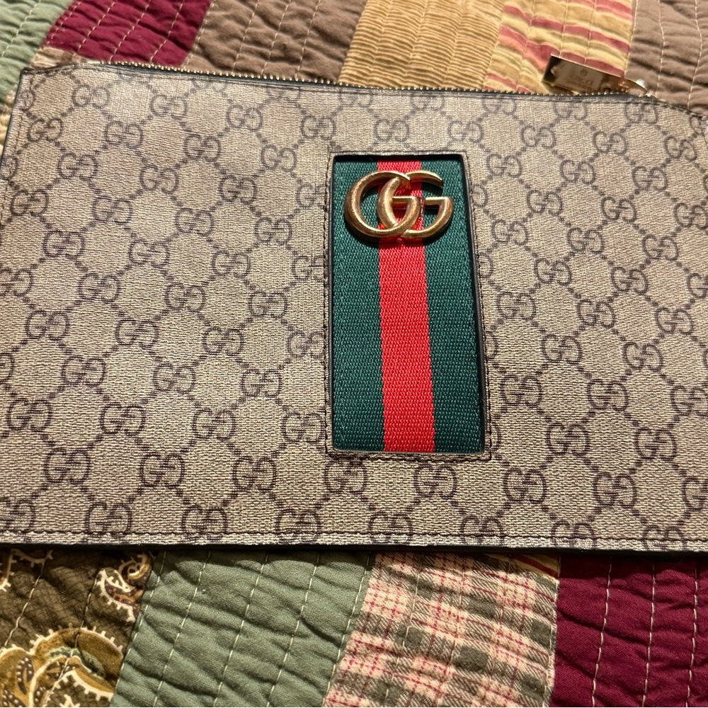 Gucci Beige Monogram Pouch with Red and Green Accent